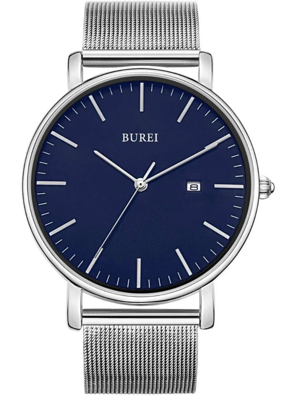 Men's Silver Blue Classic Mesh Strap Minimalist Analog Quartz Waterproof Watch